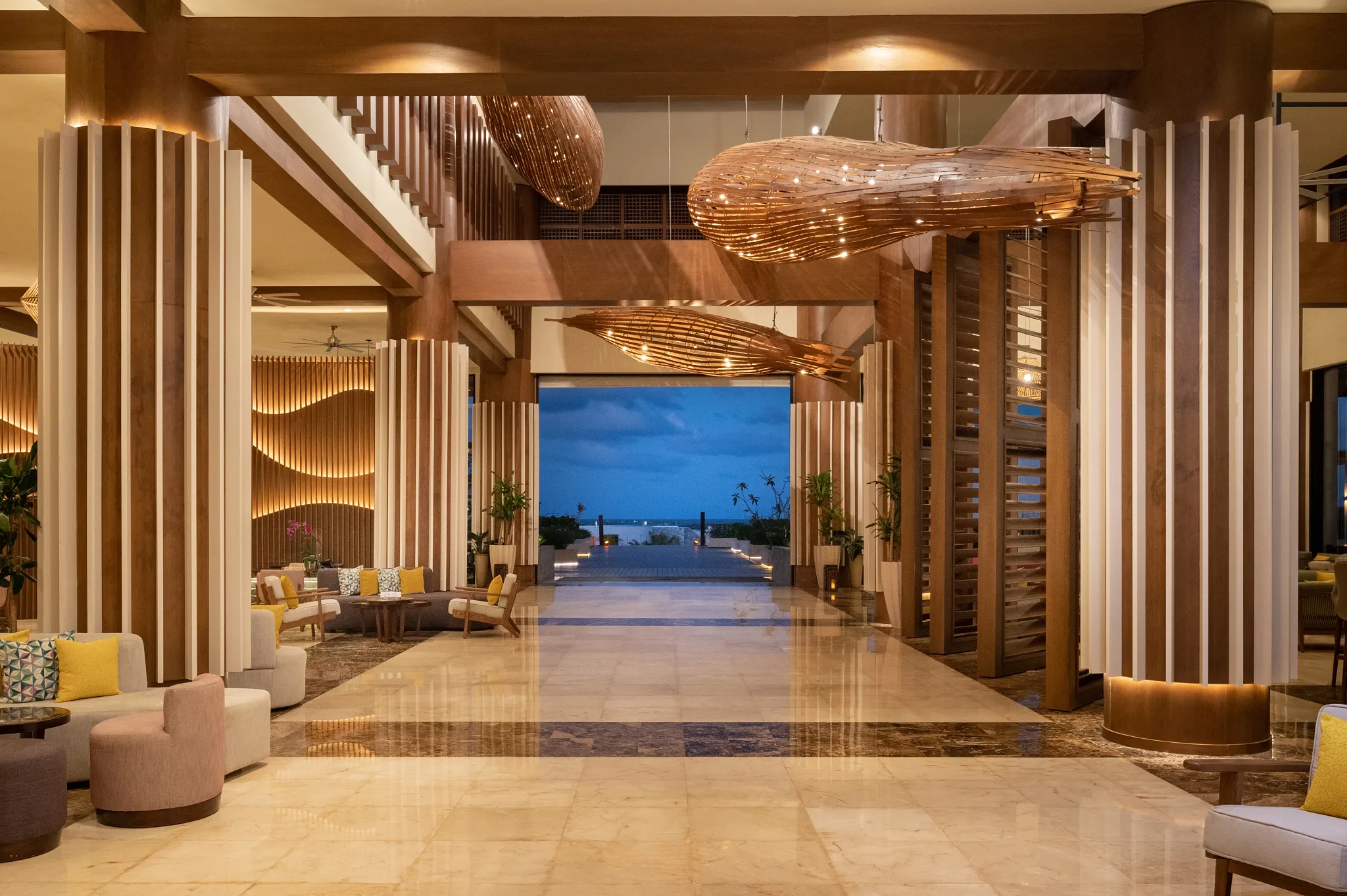 Elegant interior lobby with contemporary Caribbean-inspired décor at Dreams Macao Beach Punta Cana.