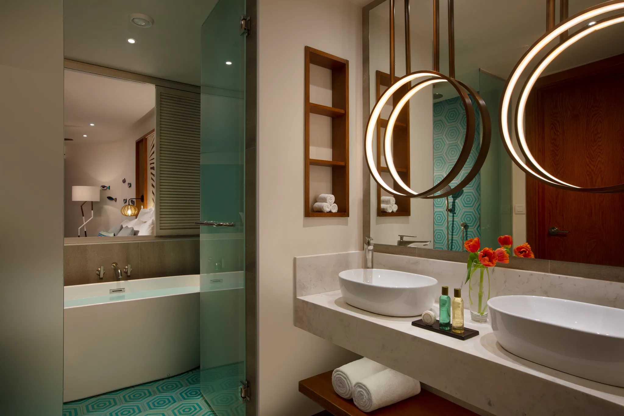 Junior Suite Partial Ocean View bathroom with dual sinks and glass rain shower at Dreams Macao Beach Punta Cana.