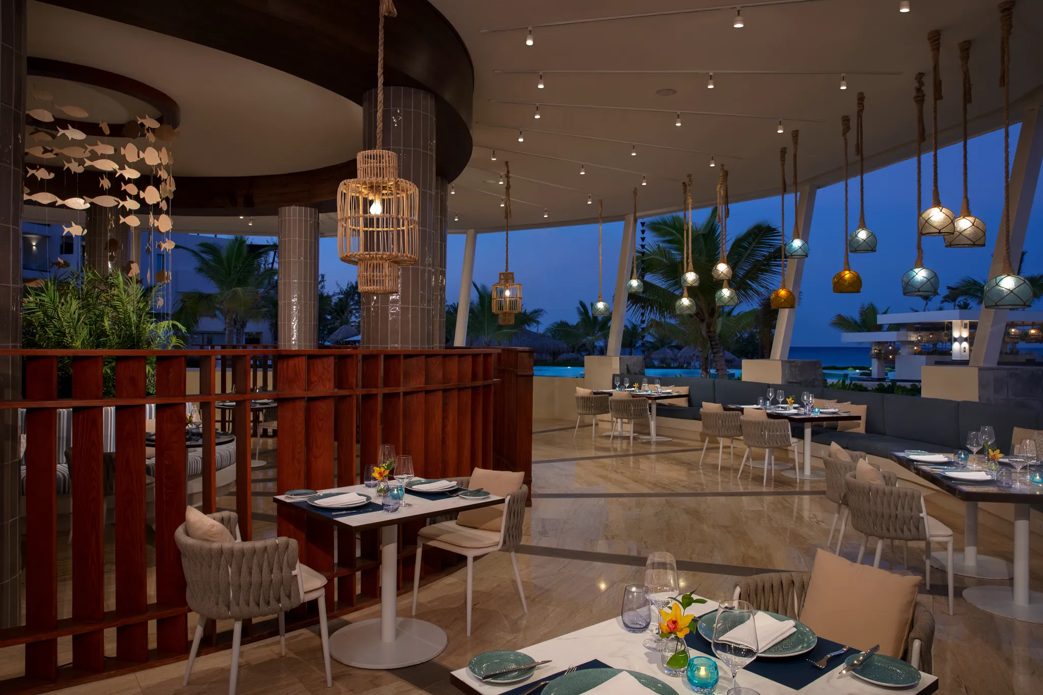 Oceana restaurant at Dreams Macao Beach Punta Cana featuring elegant seafood dining, ocean-inspired décor, and beachfront ambiance.