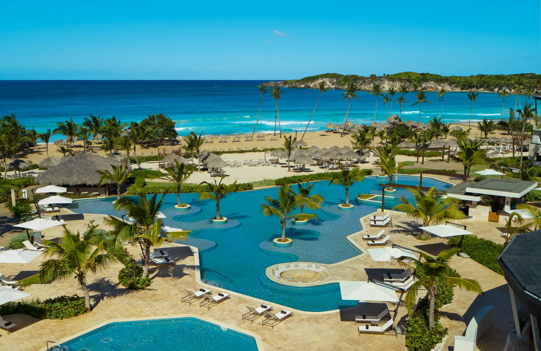 Oceanfront infinity pool with palm trees and beach access at Dreams Macao Beach Punta Cana Resort.