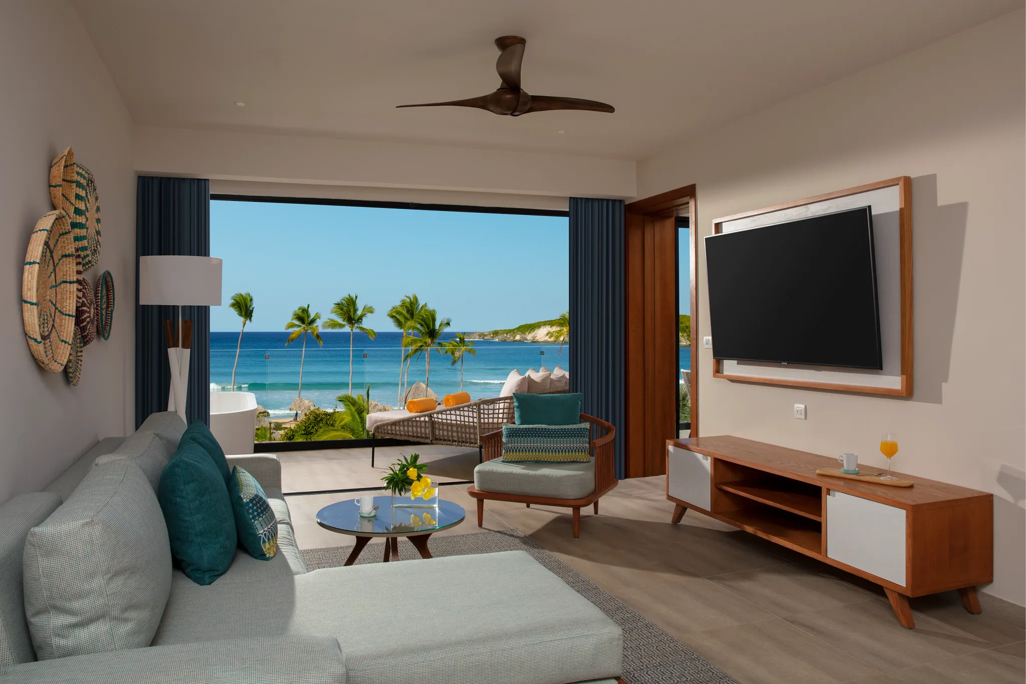 Preferred Club Master Suite Ocean Front living room with ocean views at Dreams Macao Beach Punta Cana.