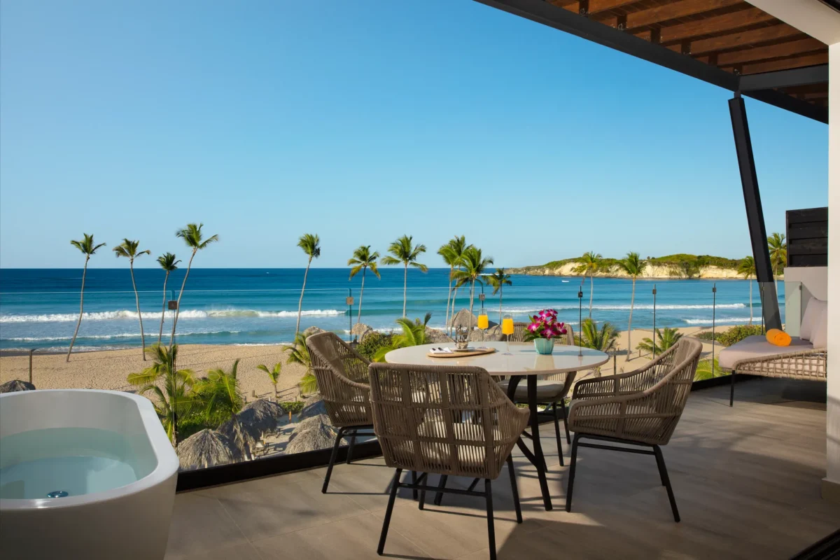 Preferred Club Master Suite Ocean Front terrace with panoramic ocean views at Dreams Macao Beach Punta Cana.