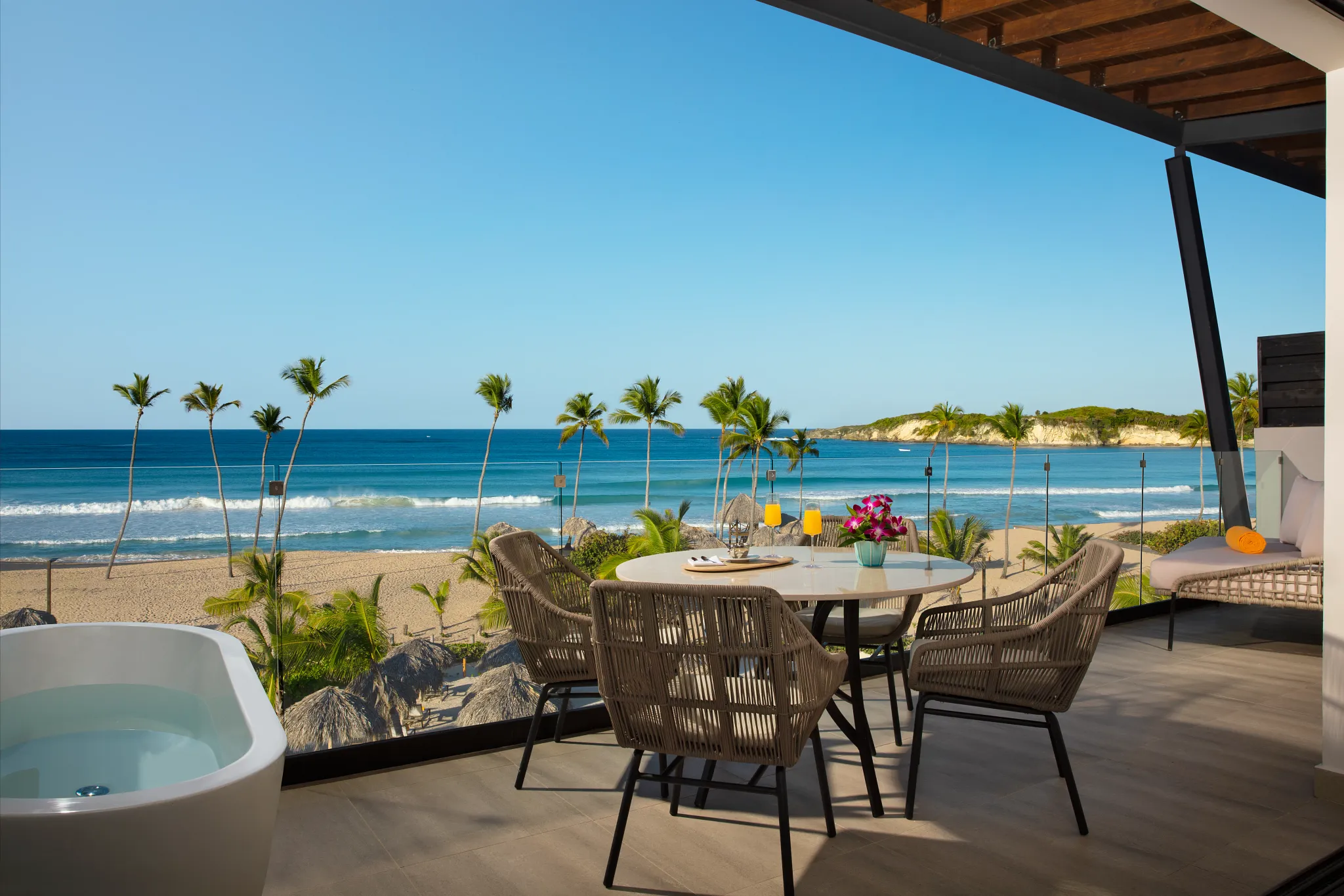Preferred Club Master Suite Ocean Front terrace with panoramic ocean views at Dreams Macao Beach Punta Cana.
