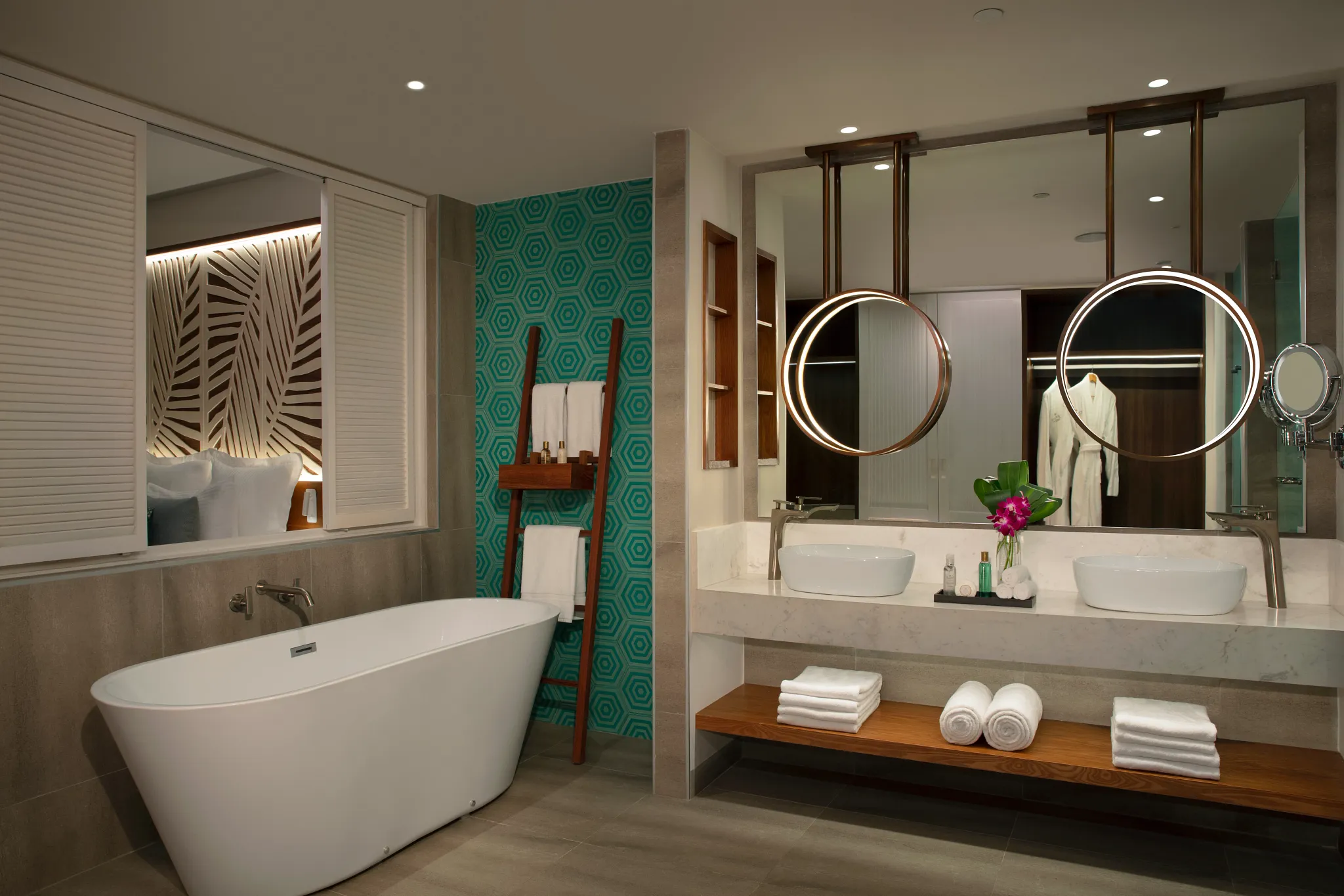 Preferred Club Master Suite Ocean View bathroom with soaking tub and dual sinks at Dreams Macao Beach Punta Cana.