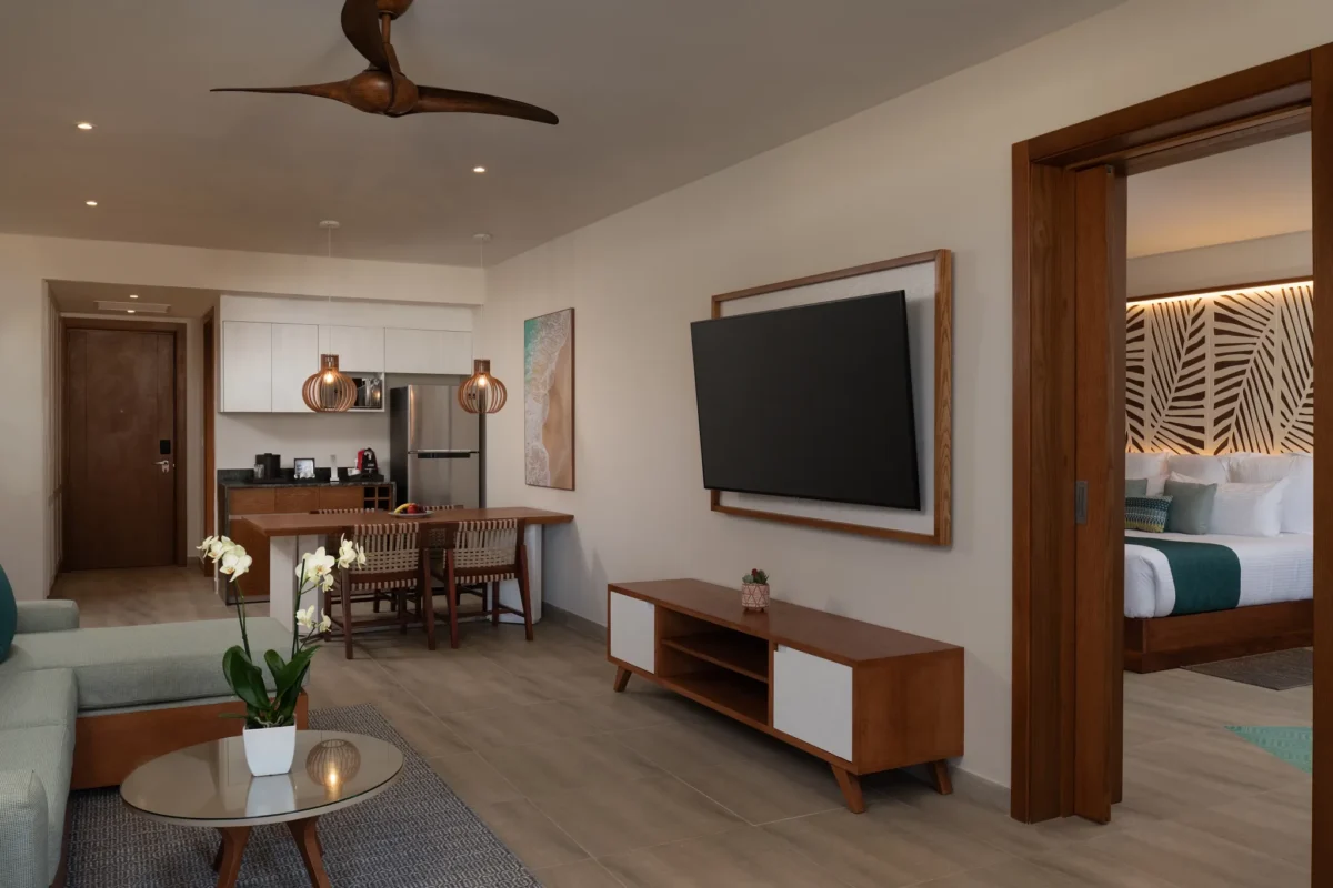 Preferred Club Master Suite Ocean View living room and kitchenette at Dreams Macao Beach Punta Cana.