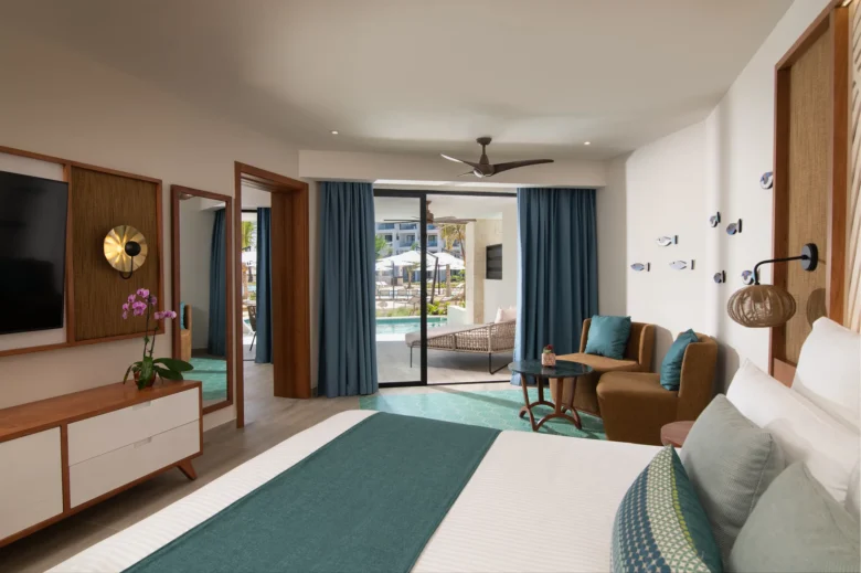 Preferred Club Master Suite Swim Out Ocean Front bedroom with terrace access at Dreams Macao Beach Punta Cana.