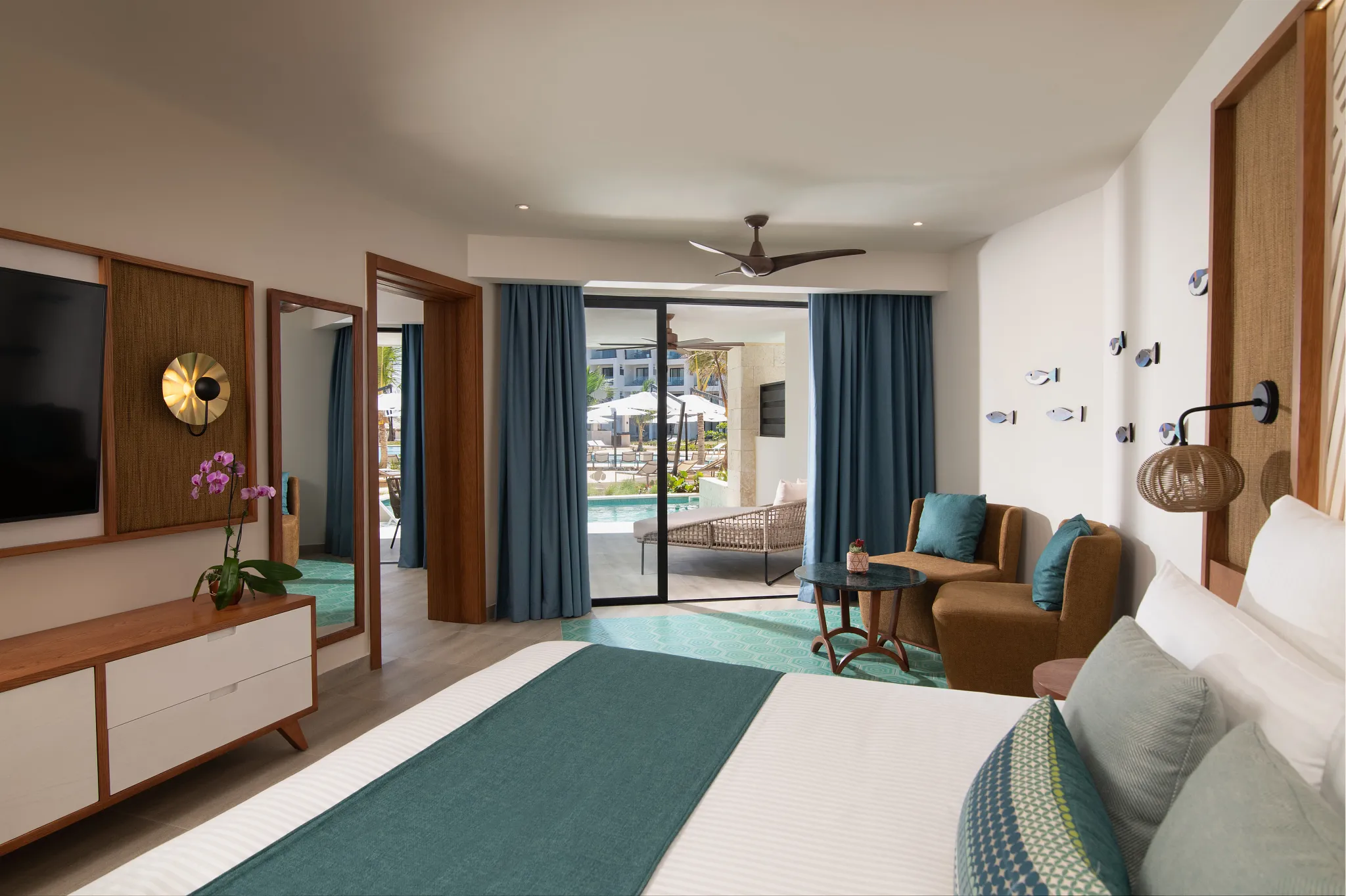 Preferred Club Master Suite Swim Out Ocean Front bedroom with terrace access at Dreams Macao Beach Punta Cana.