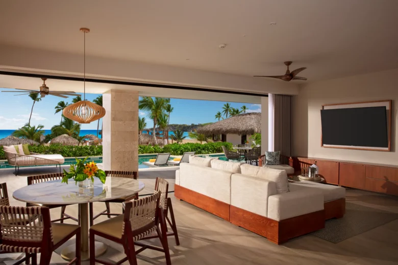 Preferred Club Presidential Suite Swim Out Ocean Front living room at Dreams Macao Beach Punta Cana.